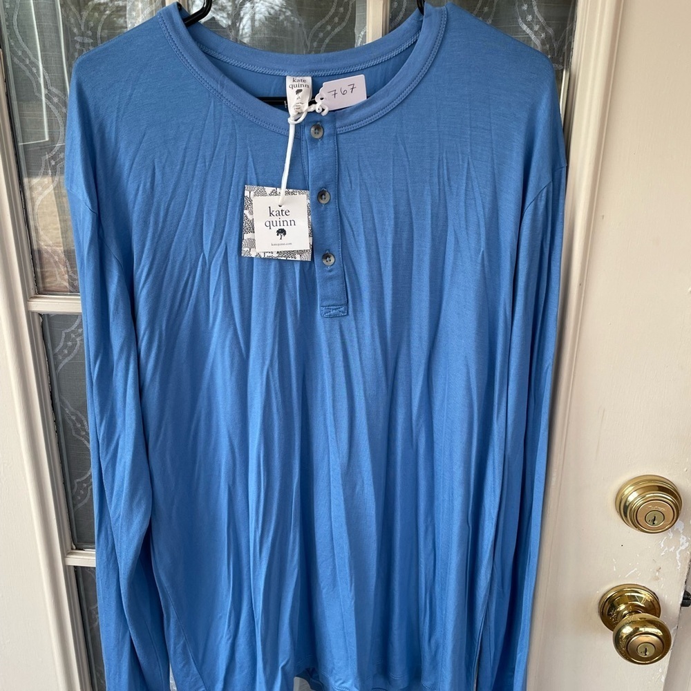 🌿 Kate Quinn Bamboo Long Sleeve Henley Top – Blue – XL 🌿